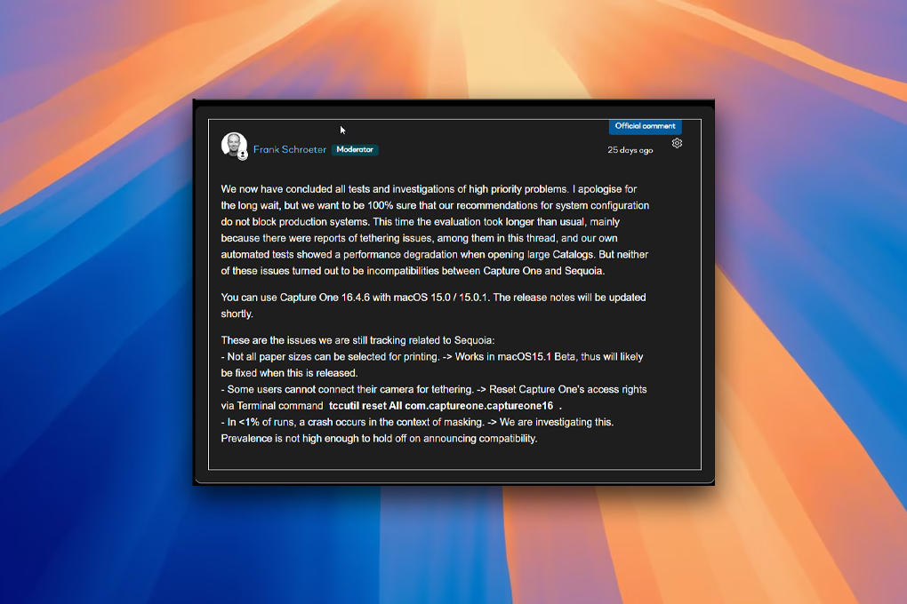macOS 15 SequoiaでCapture Oneのテザー撮影ができない問題とその対処法